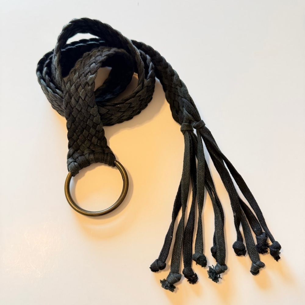 Handmade woven belt with tassle, black, coated cotton rope, size M